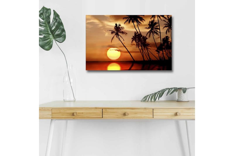 Lerretsbilde med LED-belysning - Solnedgang med palmer i horisonten - Oransje / Svart / Gull - Innredning - Bilder & kunst - Lerretsbilder