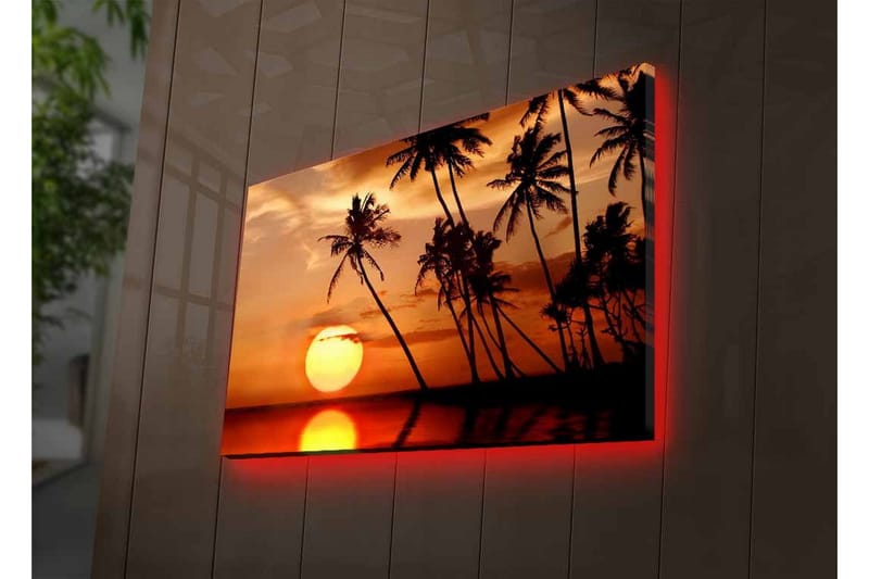 Lerretsbilde med LED-belysning - Solnedgang med palmer i horisonten - Oransje / Svart / Gull - Innredning - Bilder & kunst - Lerretsbilder
