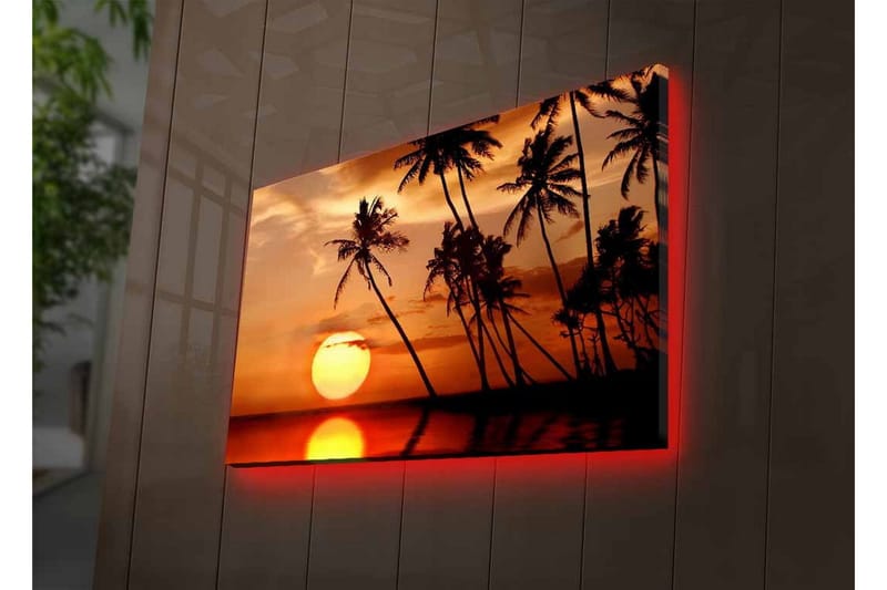 Lerretsbilde med LED-belysning - Solnedgang med palmer i horisonten - Oransje / Svart / Gull - Innredning - Bilder & kunst - Lerretsbilder