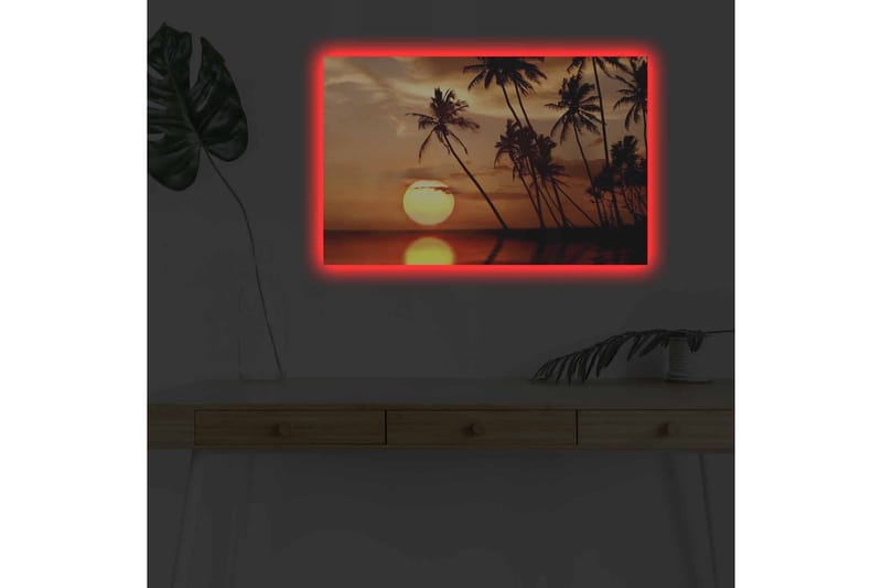 Lerretsbilde med LED-belysning - Solnedgang med palmer i horisonten - Oransje / Svart / Gull - Innredning - Bilder & kunst - Lerretsbilder