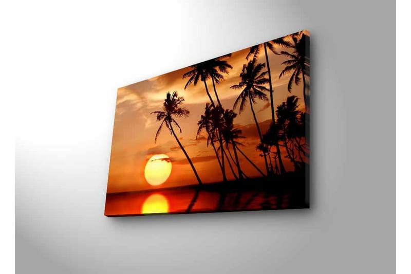 Lerretsbilde med LED-belysning - Solnedgang med palmer i horisonten - Oransje / Svart / Gull - Innredning - Bilder & kunst - Lerretsbilder