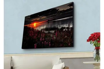 Lerretsbilde med LED-belysning - Solnedgang over en speilblank innsjø med blomstrende planter i forgrunnen - Mørk rosa / Oransje / Svart - Innredning - Bilder & kunst - Lerretsbilder