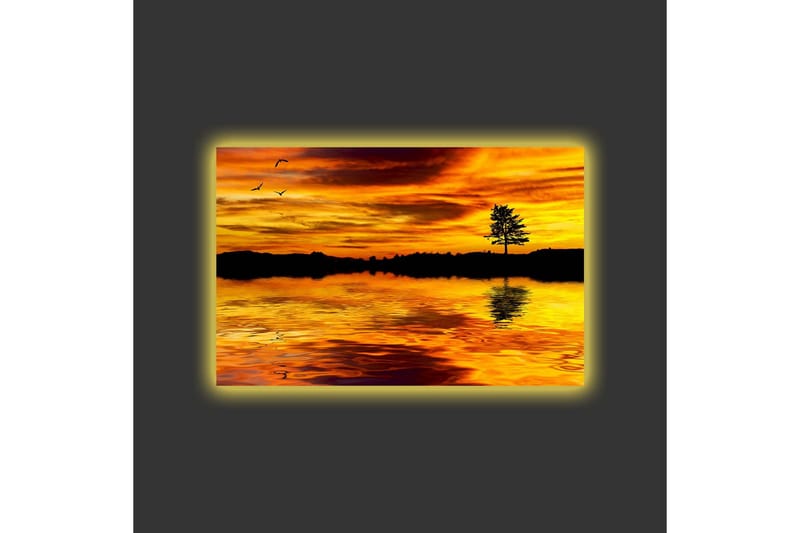 Lerretsbilde med LED-belysning - Solnedgang over en speilblank innsjø med en silhuett av et tre - Gull / Oransje / Svart - Innredning - Bilder & kunst - Lerretsbilder