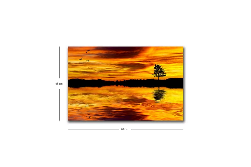 Lerretsbilde med LED-belysning - Solnedgang over en speilblank innsjø med en silhuett av et tre - Gull / Oransje / Svart - Innredning - Bilder & kunst - Lerretsbilder