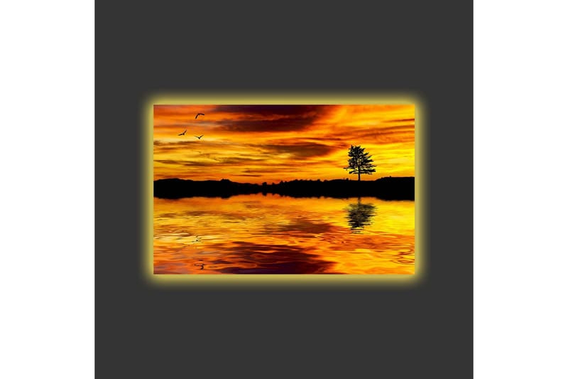 Lerretsbilde med LED-belysning - Solnedgang over en speilblank innsjø med en silhuett av et tre - Gull / Oransje / Svart - Innredning - Bilder & kunst - Lerretsbilder