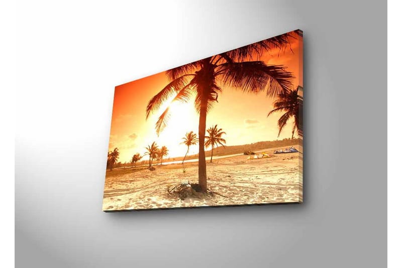 Lerretsbilde med LED-belysning - Solnedgang over en strand med palmer - Oransje / Gull / Beige - Innredning - Bilder & kunst - Lerretsbilder