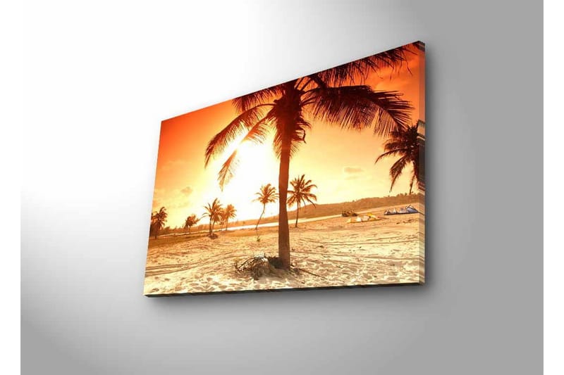 Lerretsbilde med LED-belysning - Solnedgang over en strand med palmer - Oransje / Gull / Beige - Innredning - Bilder & kunst - Lerretsbilder