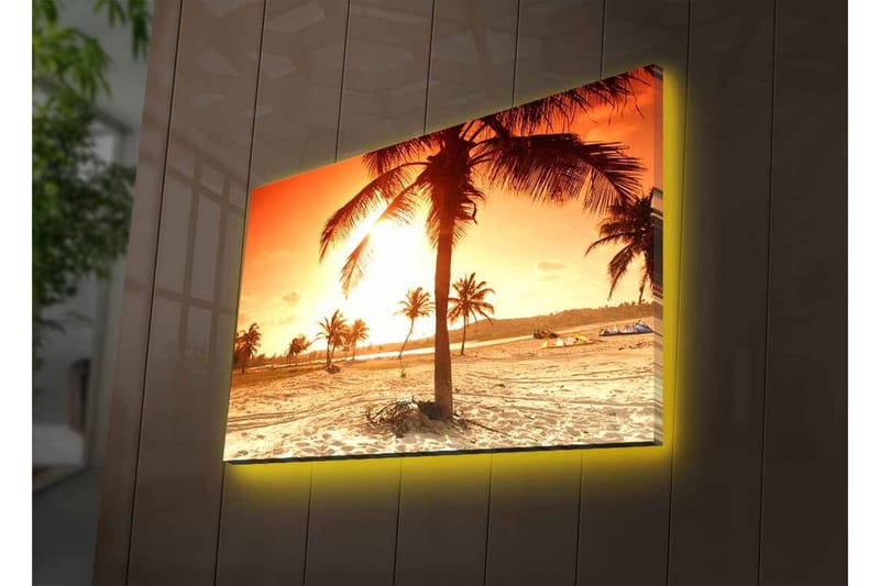 Lerretsbilde med LED-belysning - Solnedgang over en strand med palmer - Oransje / Gull / Beige - Innredning - Bilder & kunst - Lerretsbilder