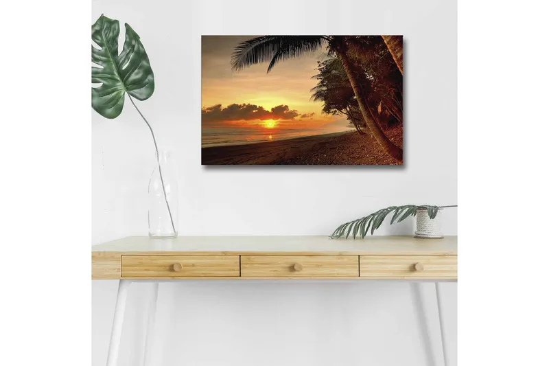 Lerretsbilde med LED-belysning - Solnedgang over en strand med palmer i forgrunnen, Oransje / Mørkegrønn / Brun
