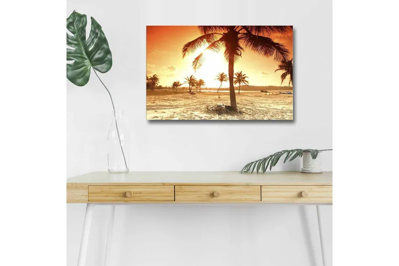 Lerretsbilde med LED-belysning - Solnedgang over en strand med palmer, Oransje / Gull / Beige