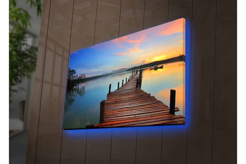 Lerretsbilde med LED-belysning - Solnedgang over en trebrygge ved vannet - Oransje / Blå / Brun - Innredning - Bilder & kunst - Lerretsbilder