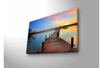 Lerretsbilde med LED-belysning - Solnedgang over en trebrygge ved vannet - Oransje / Blå / Brun - Innredning - Bilder & kunst - Lerretsbilder