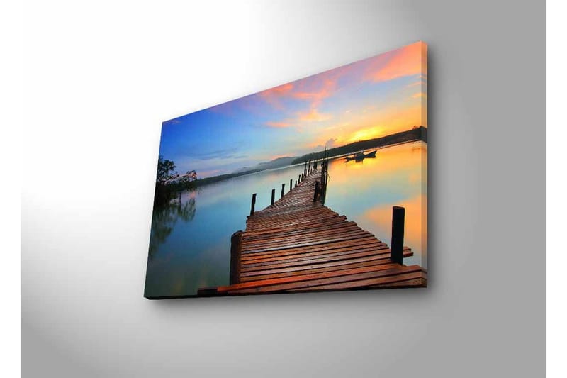 Lerretsbilde med LED-belysning - Solnedgang over en trebrygge ved vannet - Oransje / Blå / Brun - Innredning - Bilder & kunst - Lerretsbilder