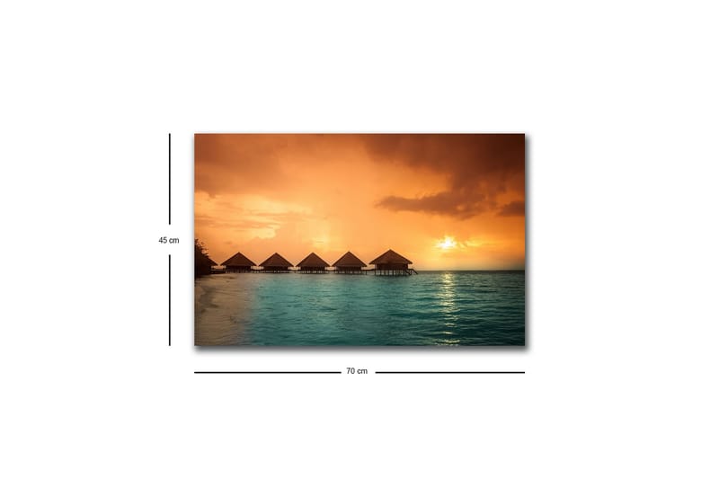 Lerretsbilde med LED-belysning - Solnedgang over en tropisk strand med bungalower over vannet - Oransje / Turkis - Innredning - Bilder & kunst - Lerretsbilder