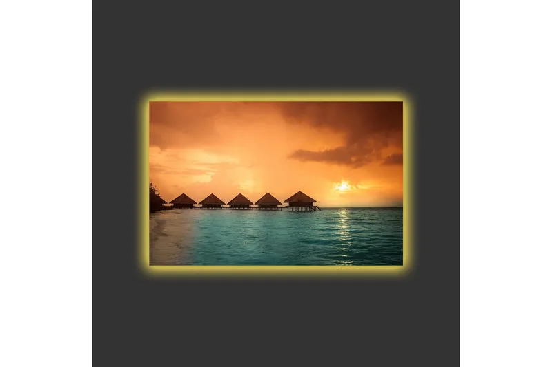Lerretsbilde med LED-belysning - Solnedgang over en tropisk strand med bungalower over vannet - Oransje / Turkis - Innredning - Bilder & kunst - Lerretsbilder