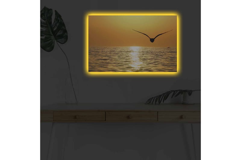 Lerretsbilde med LED-belysning - Solnedgang over havet med en fugl i flukt - Gull / Oransje / Svart - Innredning - Bilder & kunst - Lerretsbilder
