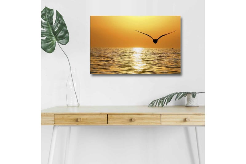 Lerretsbilde med LED-belysning - Solnedgang over havet med en fugl i flukt - Gull / Oransje / Svart - Innredning - Bilder & kunst - Lerretsbilder