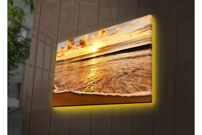 Lerretsbilde med LED-belysning - Solnedgang over havet med refleksjoner på vannet - Gull / Blå / Sandbeige - Innredning - Bilder & kunst - Lerretsbilder