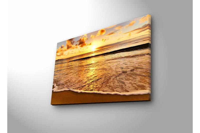 Lerretsbilde med LED-belysning - Solnedgang over havet med refleksjoner på vannet - Gull / Blå / Sandbeige - Innredning - Bilder & kunst - Lerretsbilder