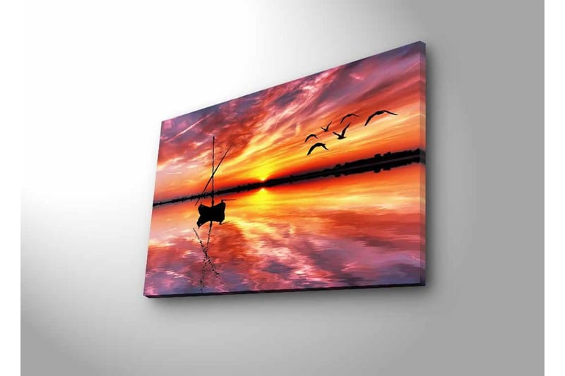 Lerretsbilde med LED-belysning - Solnedgang over rolig vann med en båt og flygende fugler - Oransje / Lilla / Blå - Innredning - Bilder & kunst - Lerretsbilder