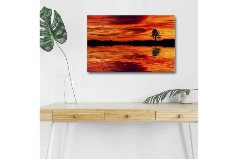 Lerretsbilde med LED-belysning - Solnedgang over rolig vann med silhuetten av et ensomt tre - Oransje / Rød / Svart - Innredning - Bilder & kunst - Lerretsbilder
