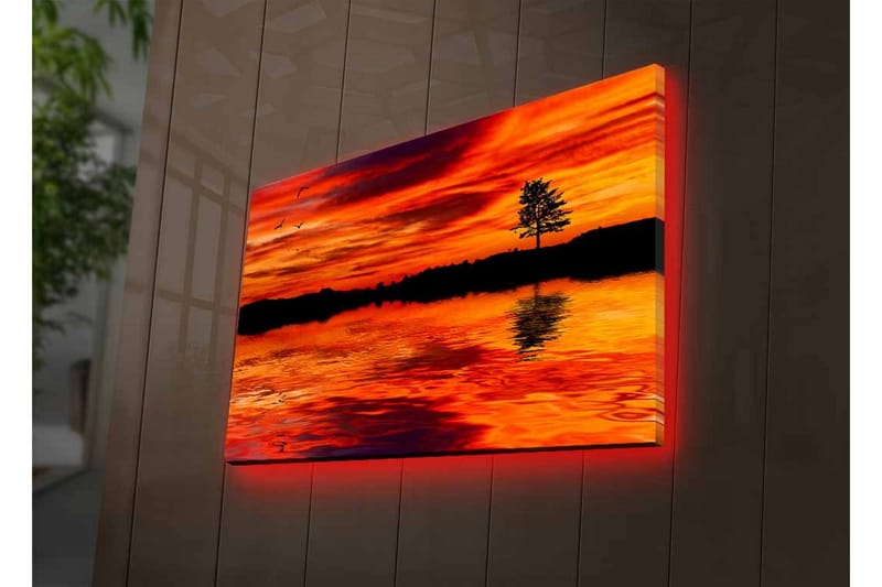 Lerretsbilde med LED-belysning - Solnedgang over rolig vann med silhuetten av et ensomt tre - Oransje / Rød / Svart - Innredning - Bilder & kunst - Lerretsbilder