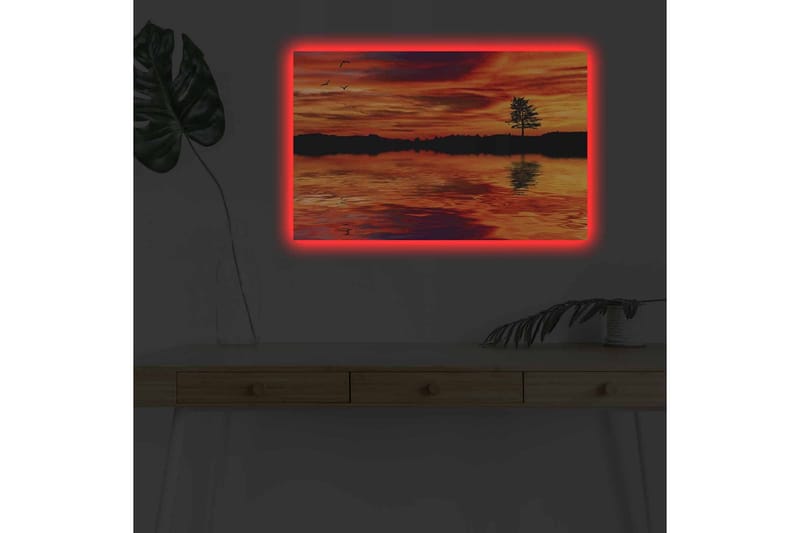 Lerretsbilde med LED-belysning - Solnedgang over rolig vann med silhuetten av et ensomt tre - Oransje / Rød / Svart - Innredning - Bilder & kunst - Lerretsbilder