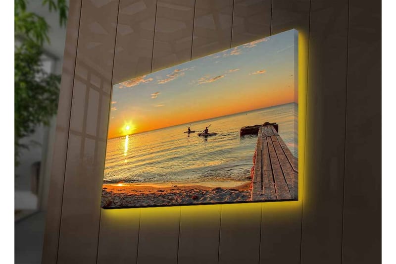 Lerretsbilde med LED-belysning - Solnedgang over rolig vann med padlere i horisonten - Gull / Oransje / Blå - Innredning - Bilder & kunst - Lerretsbilder