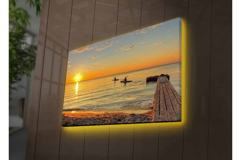 Lerretsbilde med LED-belysning - Solnedgang over rolig vann med padlere i horisonten - Gull / Oransje / Blå - Innredning - Bilder & kunst - Lerretsbilder