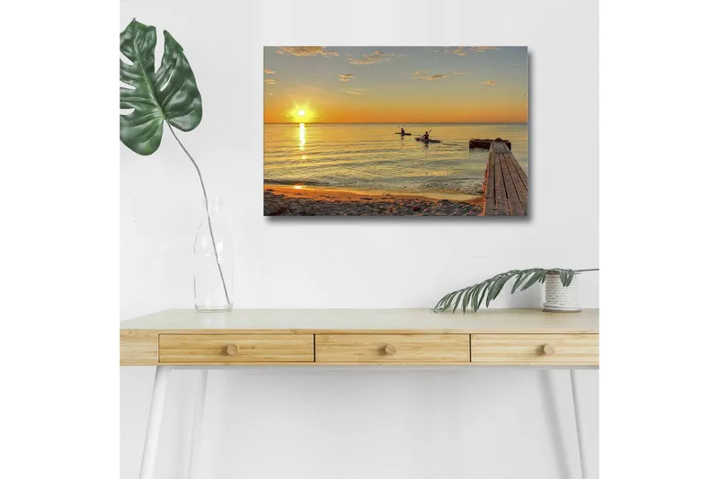 Lerretsbilde med LED-belysning - Solnedgang over rolig vann med padlere i horisonten - Gull / Oransje / Blå - Innredning - Bilder & kunst - Lerretsbilder