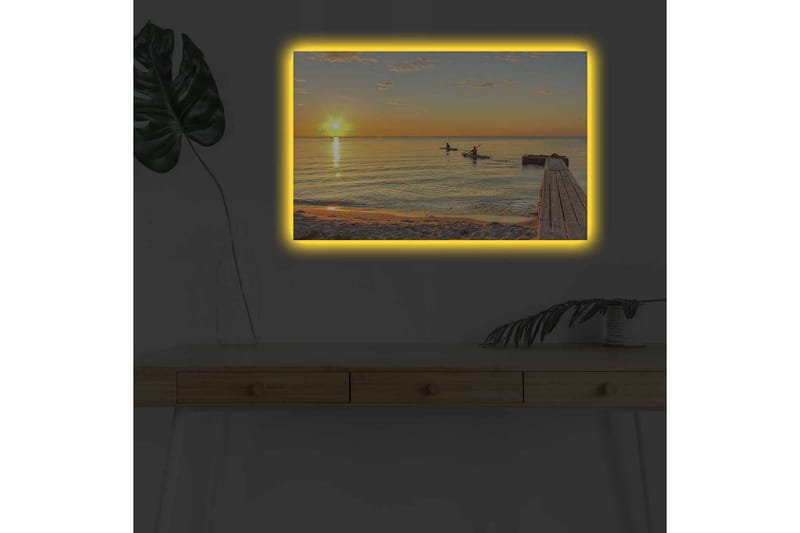 Lerretsbilde med LED-belysning - Solnedgang over rolig vann med padlere i horisonten - Gull / Oransje / Blå - Innredning - Bilder & kunst - Lerretsbilder