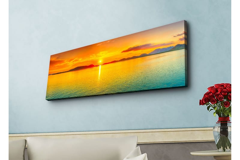 Lerretsbilde med LED-belysning - Solnedgang over rolig vann - Oransje / Blå / Gull - Innredning - Bilder & kunst - Lerretsbilder