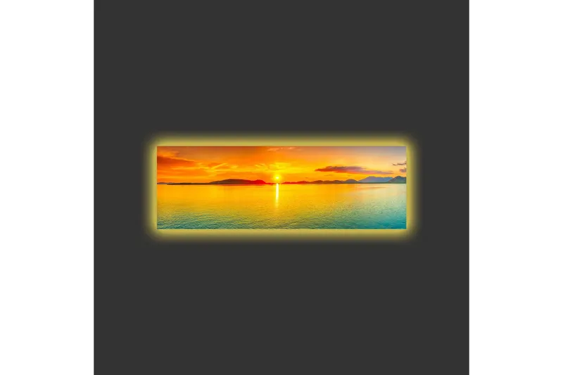 Lerretsbilde med LED-belysning - Solnedgang over rolig vann - Oransje / Blå / Gull - Innredning - Bilder & kunst - Lerretsbilder