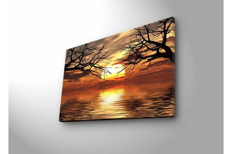 Lerretsbilde med LED-belysning - Solnedgang over speillignende vannflater med silhuetter av tregrener - Gull / Oransje / Svart - Innredning - Bilder & kunst - Lerretsbilder
