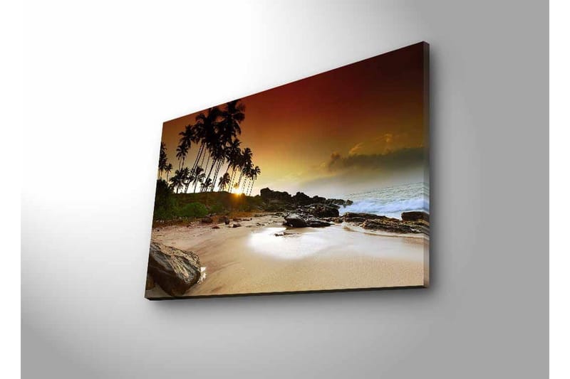 Lerretsbilde med LED-belysning - Solnedgang ved en tropisk strand med palmer og steiner - Mørk brun / Beige / Grønn - Innredning - Bilder & kunst - Lerretsbilder