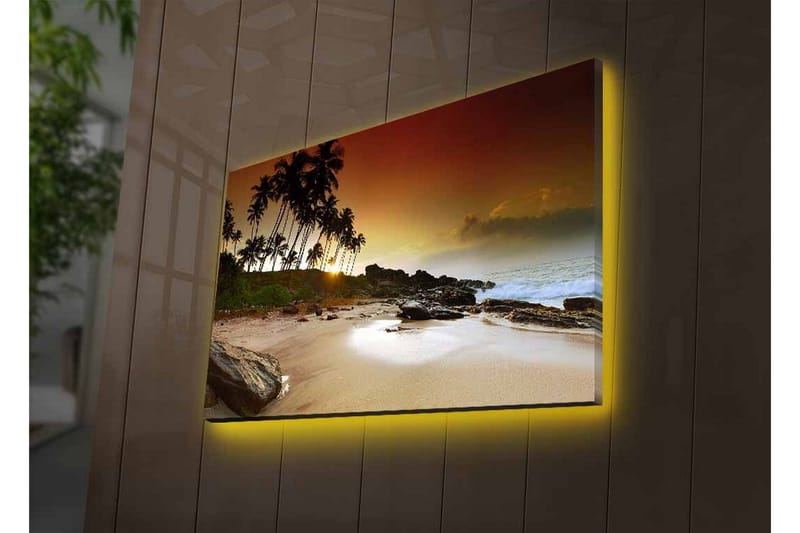 Lerretsbilde med LED-belysning - Solnedgang ved en tropisk strand med palmer og steiner - Mørk brun / Beige / Grønn - Innredning - Bilder & kunst - Lerretsbilder