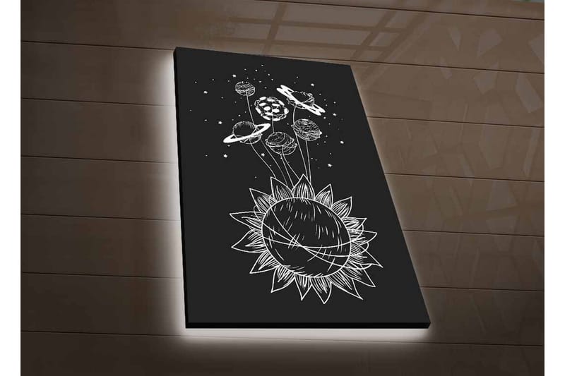Lerretsbilde med LED-belysning - Solsystem med planeter og stjerner i en grafisk komposisjon - Svart / Hvit - Innredning - Bilder & kunst - Lerretsbilder