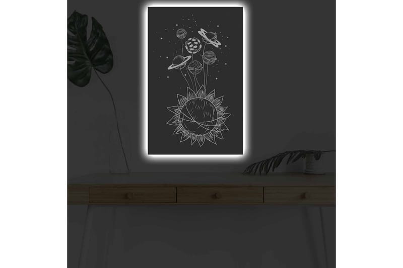 Lerretsbilde med LED-belysning - Solsystem med planeter og stjerner i en grafisk komposisjon - Svart / Hvit - Innredning - Bilder & kunst - Lerretsbilder
