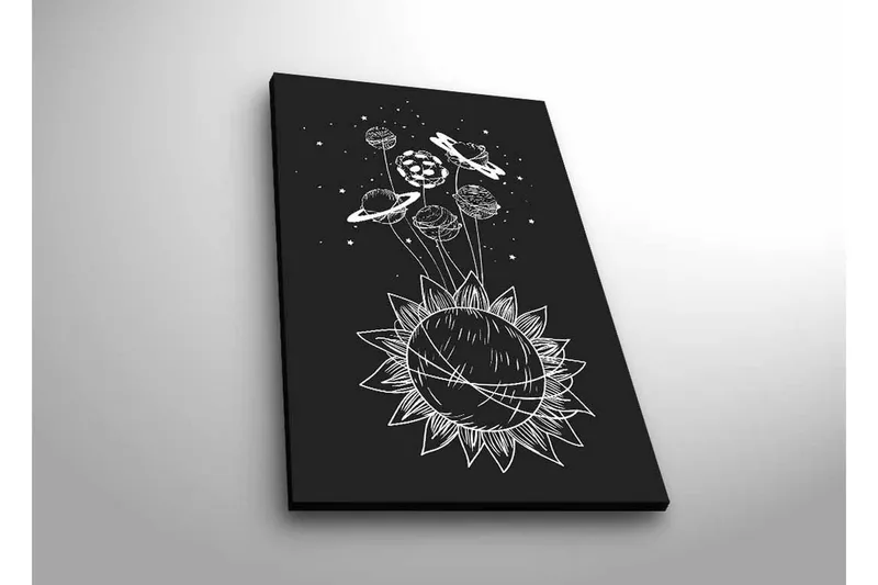 Lerretsbilde med LED-belysning - Solsystem med planeter og stjerner i en grafisk komposisjon, Svart / Hvit
