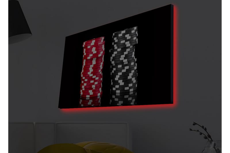 Lerretsbilde med LED-belysning - Stabler med pokersjetonger i rød og svart farge - Rød / Svart - Innredning - Bilder & kunst - Lerretsbilder