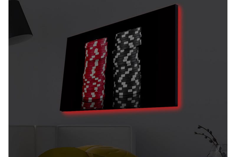 Lerretsbilde med LED-belysning - Stabler med pokersjetonger i rød og svart farge - Rød / Svart - Innredning - Bilder & kunst - Lerretsbilder