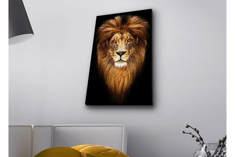 Lerretsbilde med LED-belysning - Statlig løvehode med majestetisk manke - Gull / Svart / Brun - Innredning - Bilder & kunst - Lerretsbilder