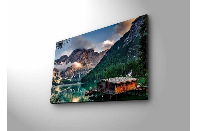 Lerretsbilde med LED-belysning - Stemningsfull fjellsjø med en trehytte ved vannet - Grønn / Blå / Brun - Innredning - Bilder & kunst - Lerretsbilder