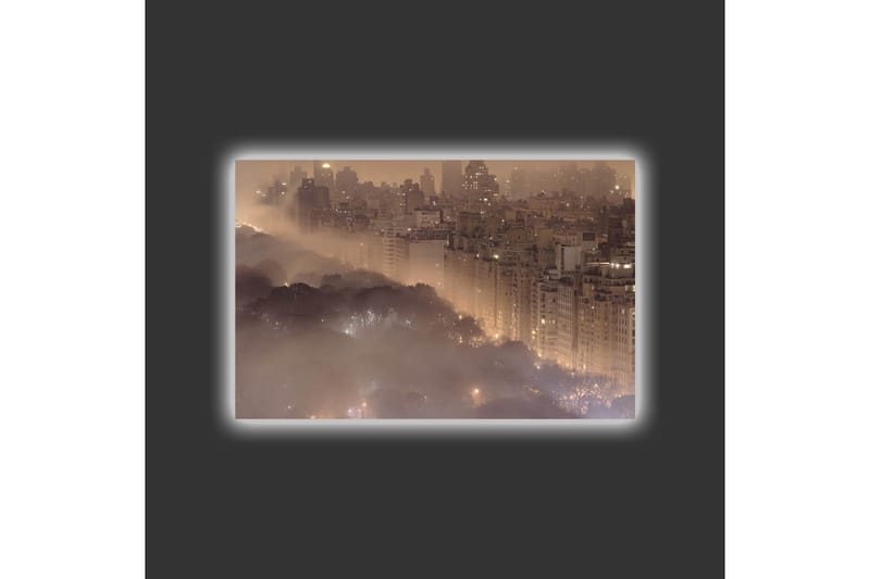 Lerretsbilde med LED-belysning - Stemningsfullt bybilde i tåke med skyskrapere og tretopper - Mørk brun / Grå / Gull - Innredning - Bilder & kunst - Lerretsbilder