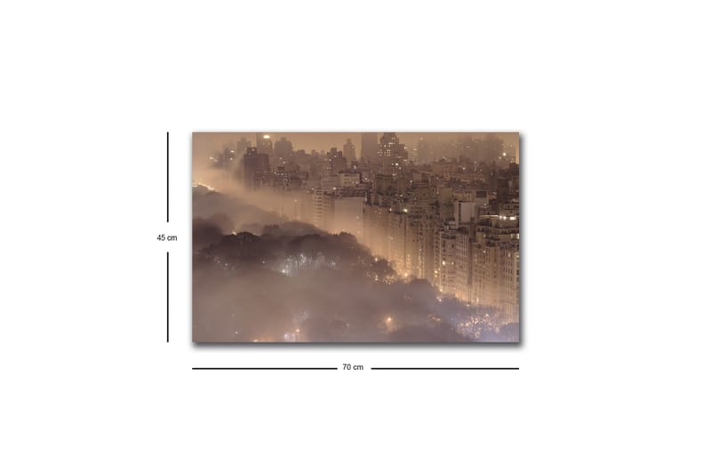 Lerretsbilde med LED-belysning - Stemningsfullt bybilde i tåke med skyskrapere og tretopper - Mørk brun / Grå / Gull - Innredning - Bilder & kunst - Lerretsbilder