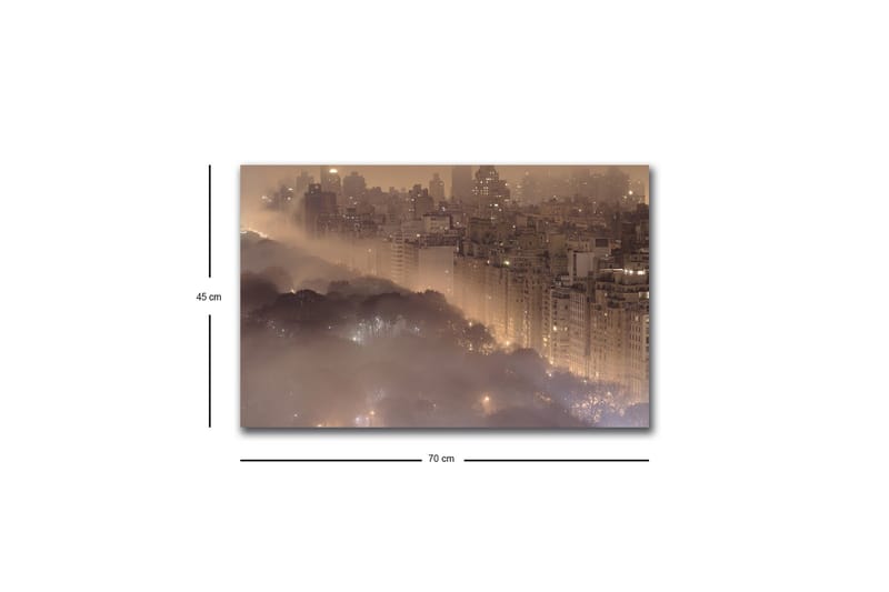 Lerretsbilde med LED-belysning - Stemningsfullt bybilde i tåke med skyskrapere og tretopper - Mørk brun / Grå / Gull - Innredning - Bilder & kunst - Lerretsbilder