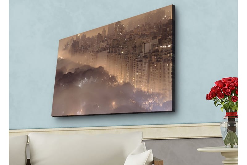 Lerretsbilde med LED-belysning - Stemningsfullt bybilde i tåke med skyskrapere og tretopper - Mørk brun / Grå / Gull - Innredning - Bilder & kunst - Lerretsbilder
