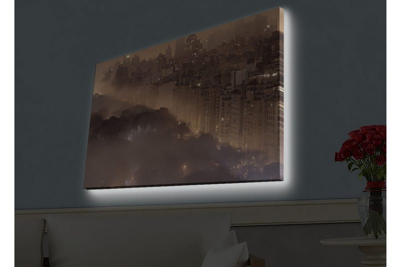 Lerretsbilde med LED-belysning - Stemningsfullt bybilde i tåke med skyskrapere og tretopper - Mørk brun / Grå / Gull - Innredning - Bilder & kunst - Lerretsbilder