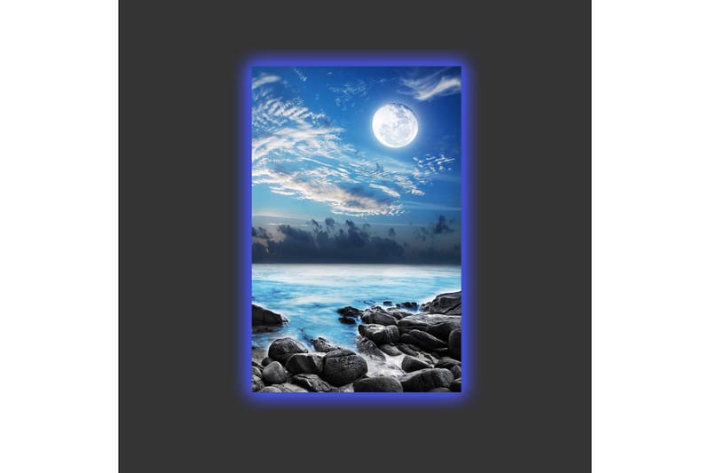 Lerretsbilde med LED-belysning - Stemningsfullt sjølandskap med måne og steiner - Blå / Grå / Hvit - Innredning - Bilder & kunst - Lerretsbilder