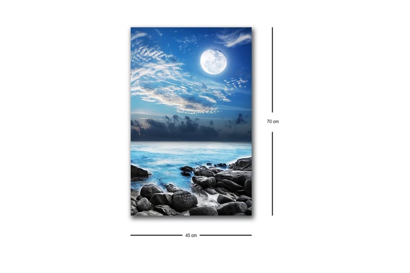 Lerretsbilde med LED-belysning - Stemningsfullt sjølandskap med måne og steiner - Blå / Grå / Hvit - Innredning - Bilder & kunst - Lerretsbilder